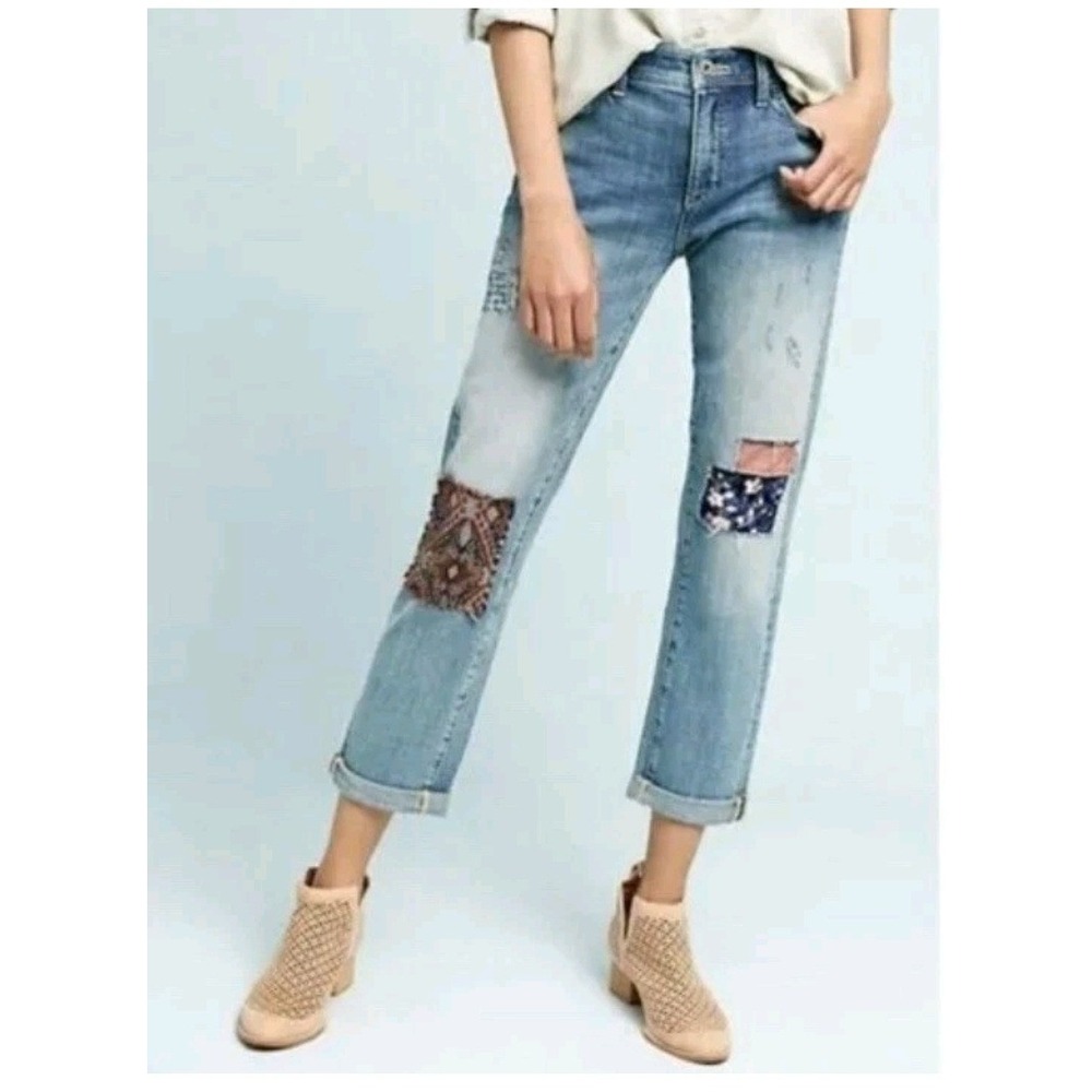 Pilcro and the Letterpress‎ Anthropologie Slim Boyfriend Patchwork Jeans 25 Boho